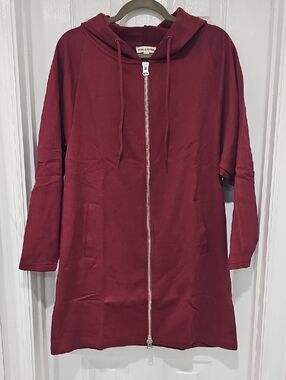 Burgundy Zip-Front Hooded Longline Sweatshirt With Pockets
